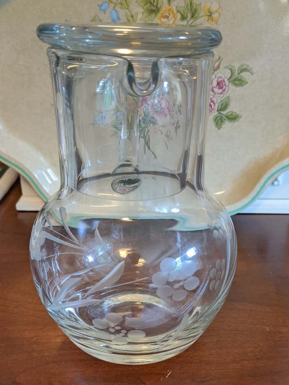 Vintage Floral Etched Glass Water Pitcher With Lid 7 Inches Tall